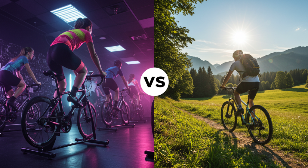 Groupes de femmes cyclistes sur des home-trainer à l'intérieur versus homme cycliste sur route en plein air