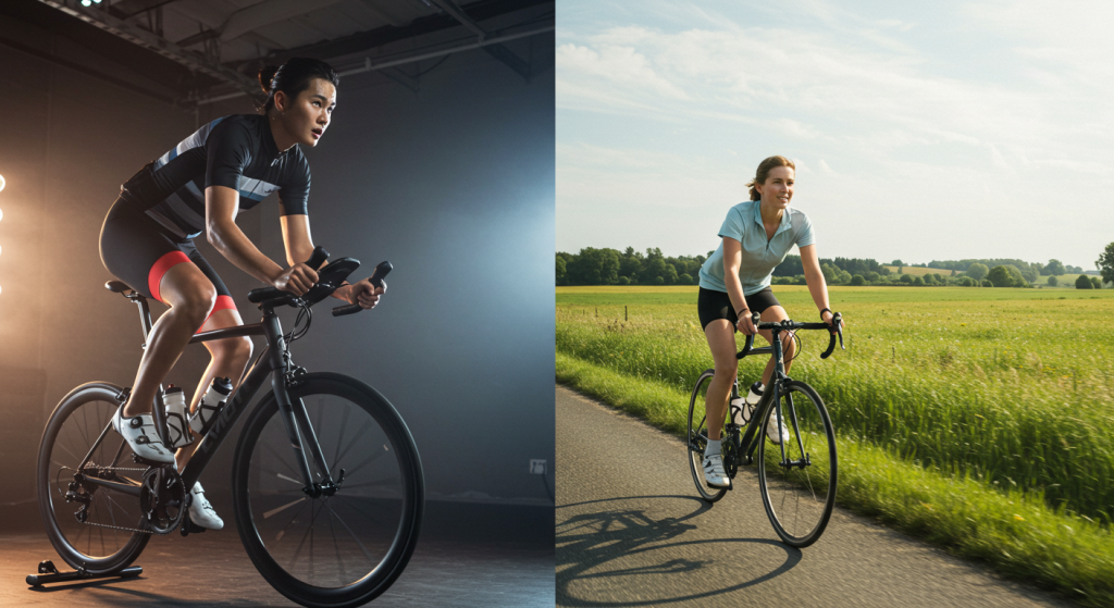 Femme cycliste sur un home-trainer à l'intérieur versus femme cycliste sur route en plein air