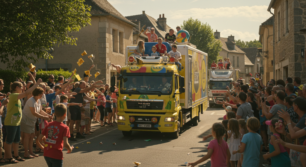 Des spectateurs saluent la caravane du tour de France