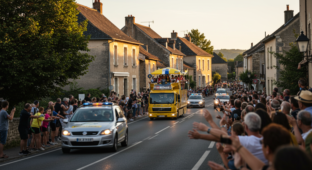 Des spectateurs saluent la caravane du tour de France