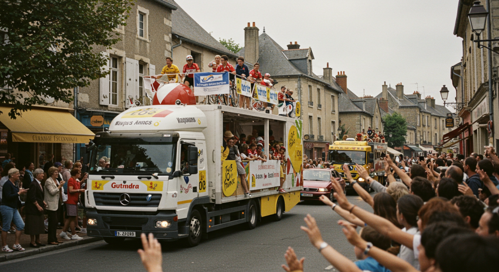 Des spectateurs saluent la caravane du tour de France