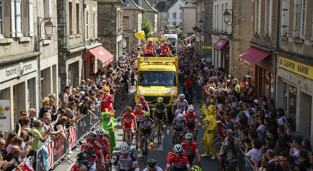 Des spectateurs saluent des cyclistes et la caravane du tour de France 