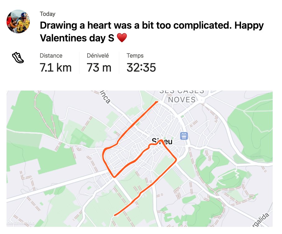 Tracé séance running Strava de Wout Van Aert pour son épouse Sarah lors de la Saint-Valentin