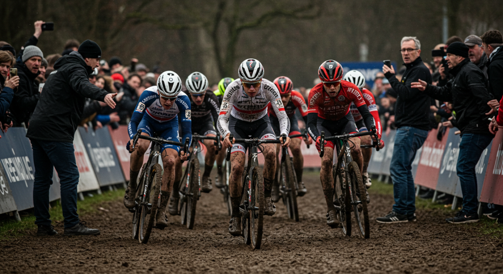 Groupe de cyclistes pendant les championnats du mondiaux de cyclo-cross à Liévin
