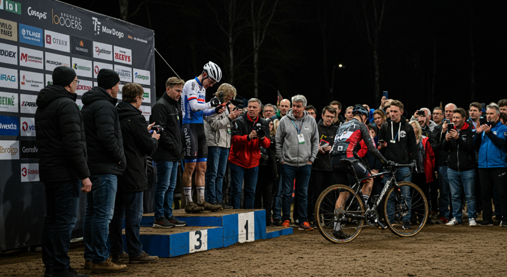 Des coureurs cyclistes sur le podium des championnats du monde de cyclo-cross à Liévin
