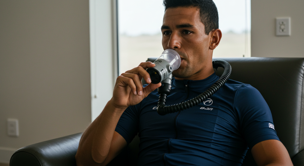 Un jeune coureur cycliste assis dans un fauteuil avec un maillot bleu inhale du monoxyde de carbone dans un CO Breather