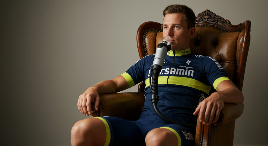 Un jeune coureur cycliste inhale du monoxyde de carbone dans un CO Breather assis dans un fauteuil