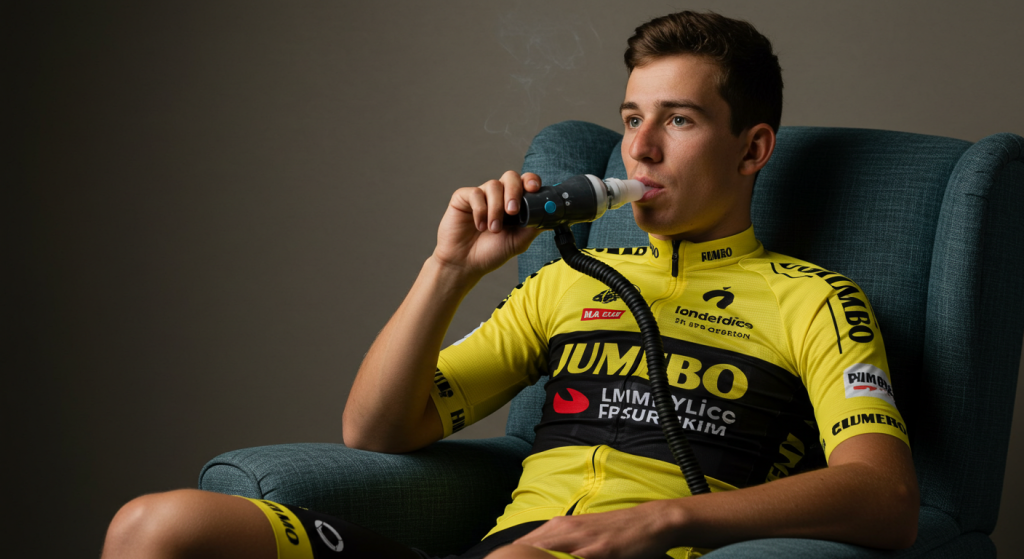 Un jeune coureur cycliste avec un maillot jaune inhale du monoxyde de carbone dans un CO Breather assis dans un fauteuil
