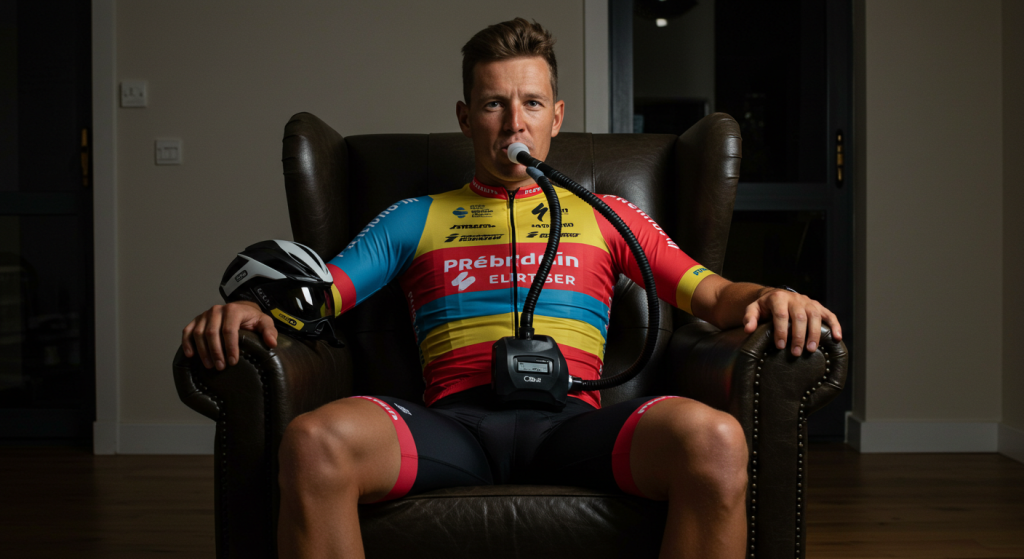 Un jeune coureur cycliste avec un maillot multicolore inhale du monoxyde de carbone dans un CO Breather assis dans un fauteuil