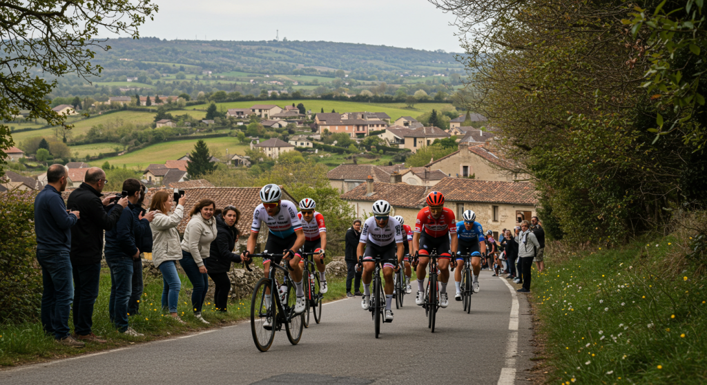 Groupe de coureurs cyclistes dans une côte pendant le Tour de Valence encouragés par des supporters
