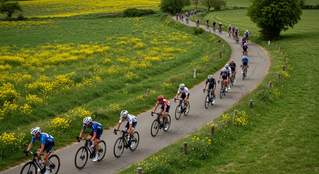 Groupe de coureurs cyclistes pendant le Tour de Valence vue de haut
