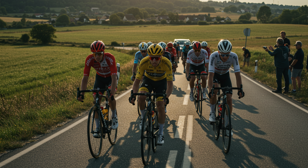 Peloton de coureurs cyclistes avec le maillot jaune pendant la coupe de France sur une route de campagne vue de près