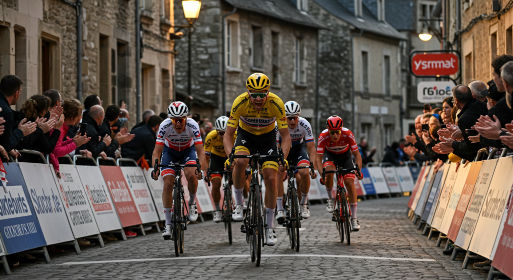 Arrivée du peloton de coureurs cyclistes pendant la coupe de France sur une route de campagne avec le maillot jaune en tête