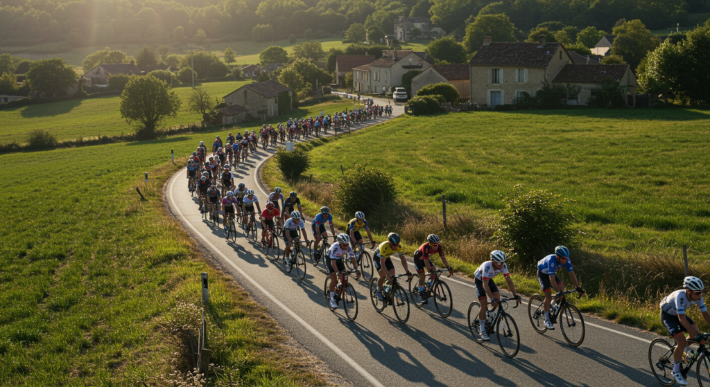 Peloton de coureurs cyclistes pendant la coupe de France sur une route de campagne