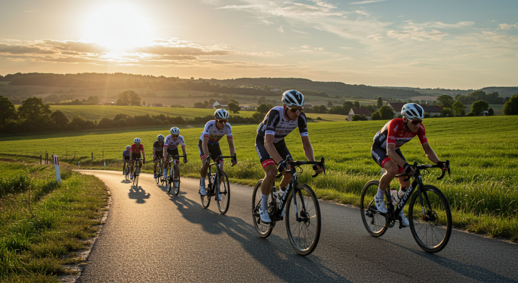 Peloton de coureurs cyclistes dans une côte pendant la coupe de France sur une route de campagne
