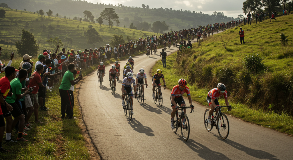 Groupe de coureurs cyclistes en descente lors des championnats du Monde 2025 de cyclisme sur route à Kigali