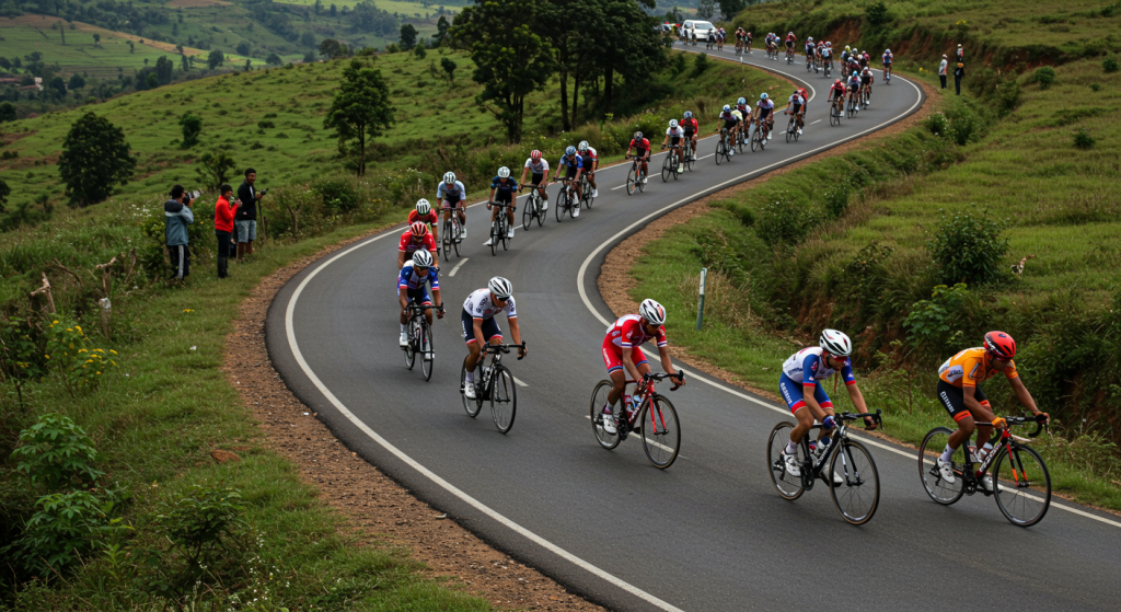 Groupe de coureurs cyclistes dans une decente lors des championnats du Monde 2025 de cyclisme sur route à Kigali