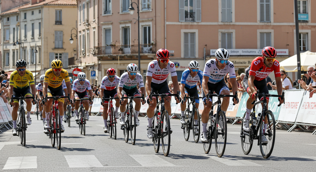 Groupe de coureurs cyclistes au Grand Prix La Marseillaise 2025 en plein soleil