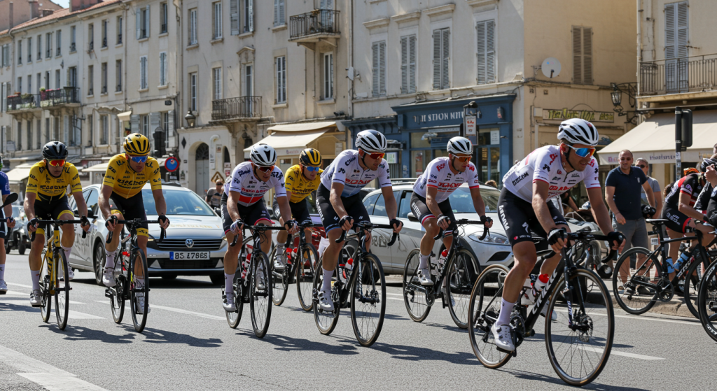 Groupe de coureurs cyclistes dans une côte au Grand Prix La Marseillaise 2025 en ville