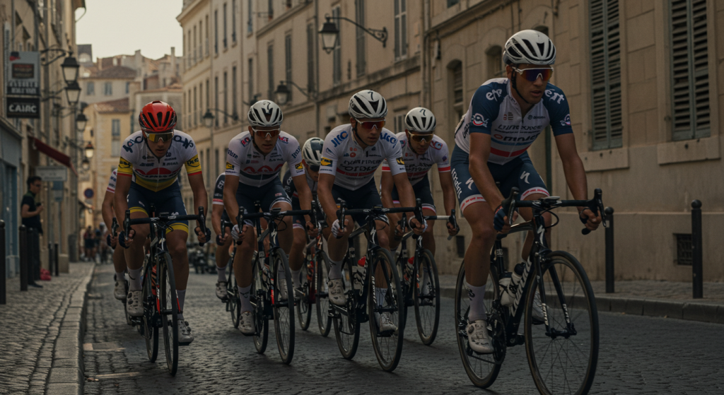 Groupe de coureurs cyclistes dans une côte au Grand Prix La Marseillaise 2025 dans une côte
