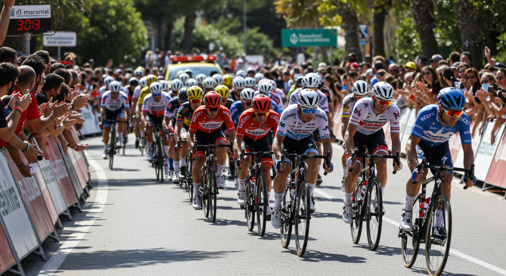 Peloton de coureurs cyclistes dans une côte lors du Trofeo Palma 2025