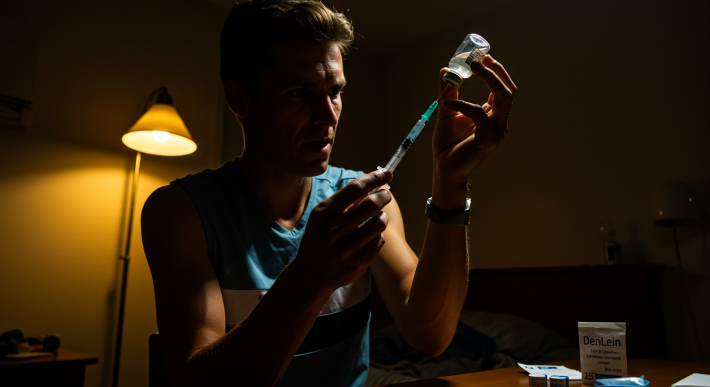 Un cycliste avec une seringue extrait du produit dopant d'une fiole