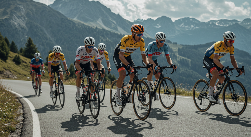Groupe de coureurs cyclistes dans une côte en montagne