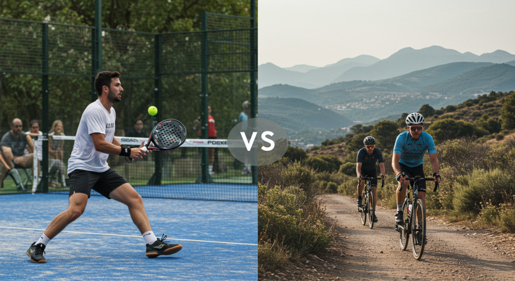 Joueur jouant au padel versus cyclistes sur un sentier à la montagne