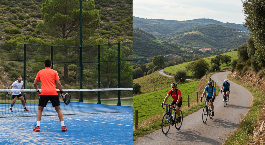 Joueur jouant au padel versus cyclistes sur route