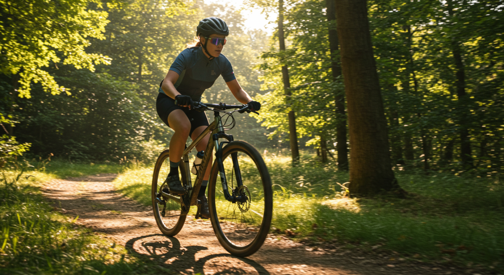 Un vététiste roule dans la forêt