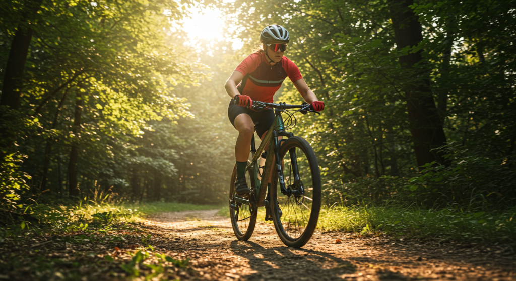 Un vététiste roule sur un sentier dans la forêt