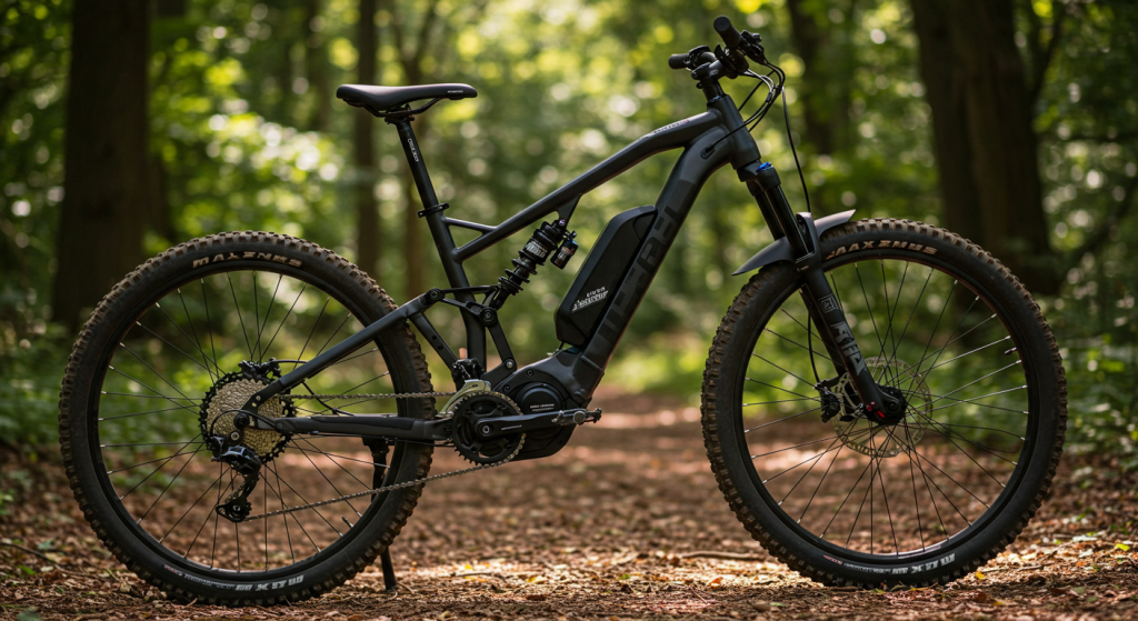 Vélo électrique tout suspendu sur un sentier dans la forêt