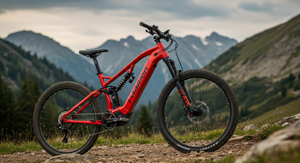 Vélo électrique tout suspendu rouge sur un sentier en montagne