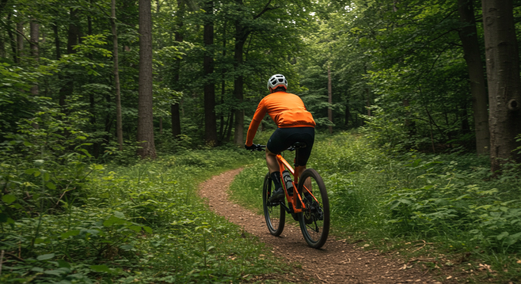 Un cycliste sur un vélo électrique tout suspendu sur un sentier dans la forêt