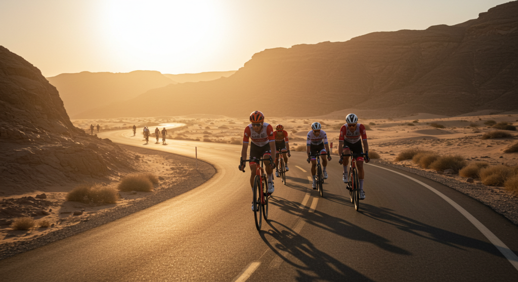 Groupe de coureurs cylistes sur une route au coucher du soleil pendant l'UAE Tour 2025