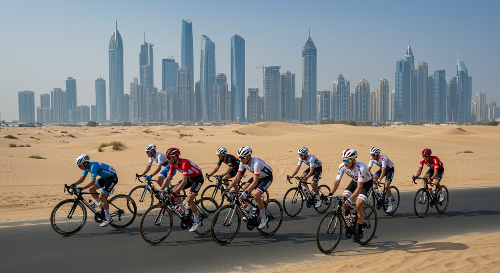 Groupe de coureurs cylistes devant des gratte-ciels pendant l'UAE Tour 2025