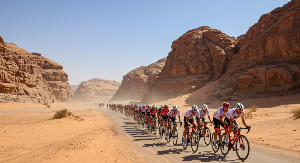 Groupe de coureurs cylistes sur une route en plein soleil dans le désert pendant l'UAE Tour 2025