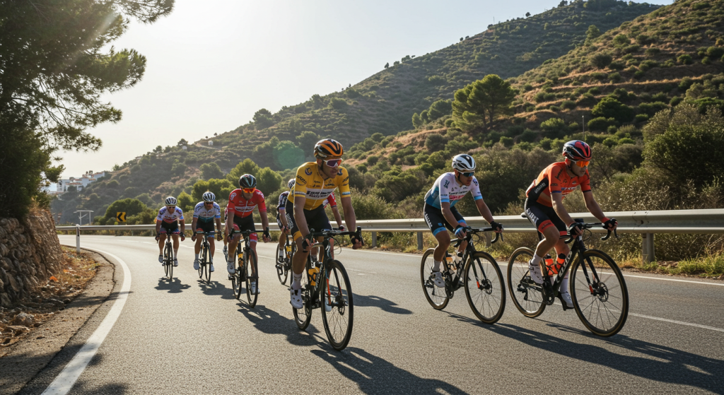 Groupe de cyclistes pendant le tour d'Andalousie sur une route en plein soleil