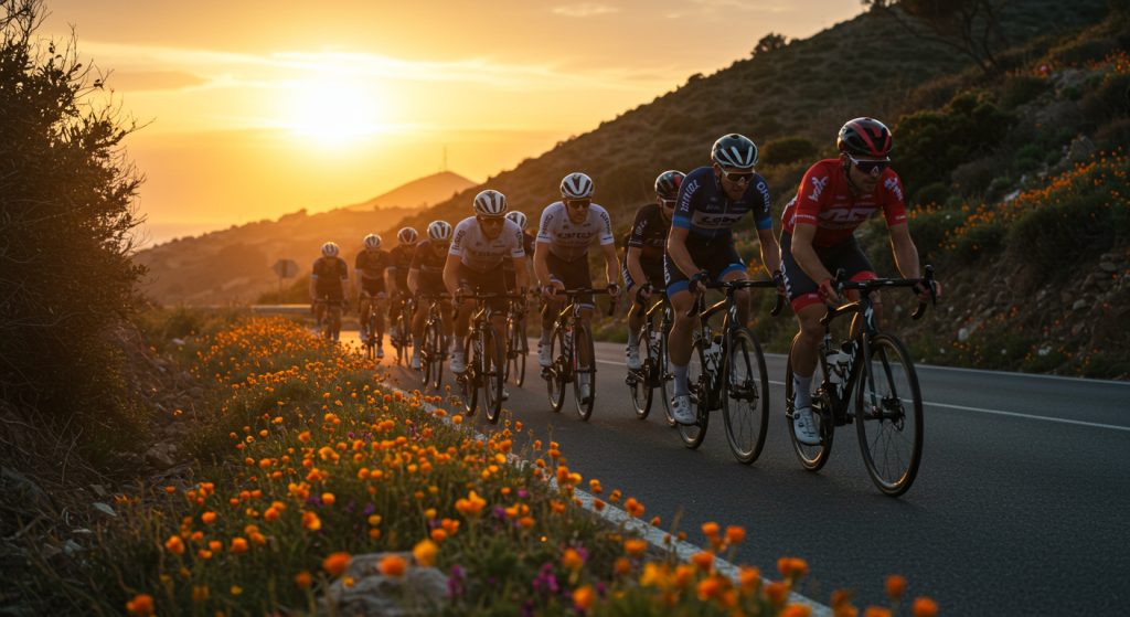 Groupe de cyclistes pendant le tour d'Andalousie sur une route au coucher du soleil