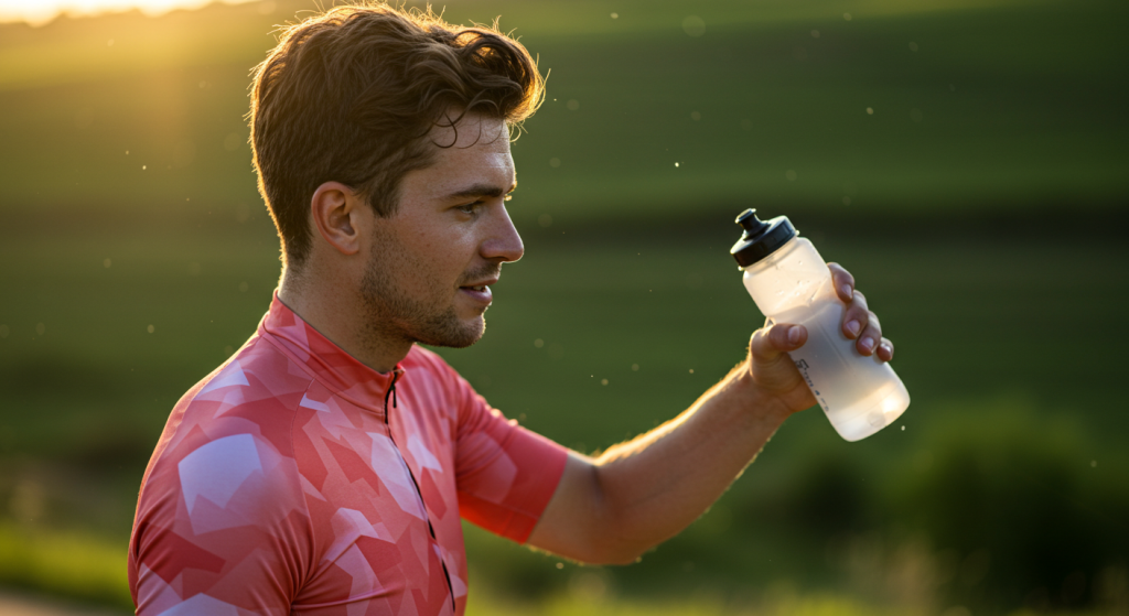 Un jeune cycliste tient une gourde à la main après sa sortie vélo