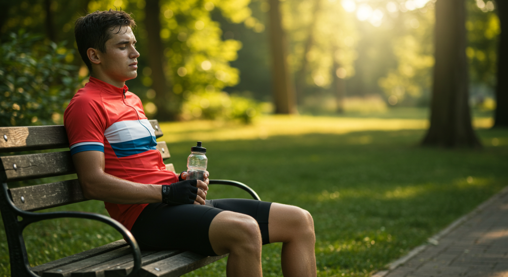 Un jeune cycliste épuisé assis sur un banc dans un parc tient une gourde dans ses mains après sa sortie vélo