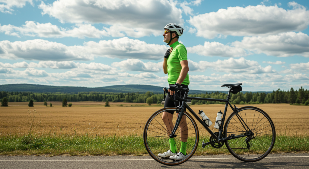 Un cycliste récupère, tient son vélo et se touche la poitrine après sa sortie vélo