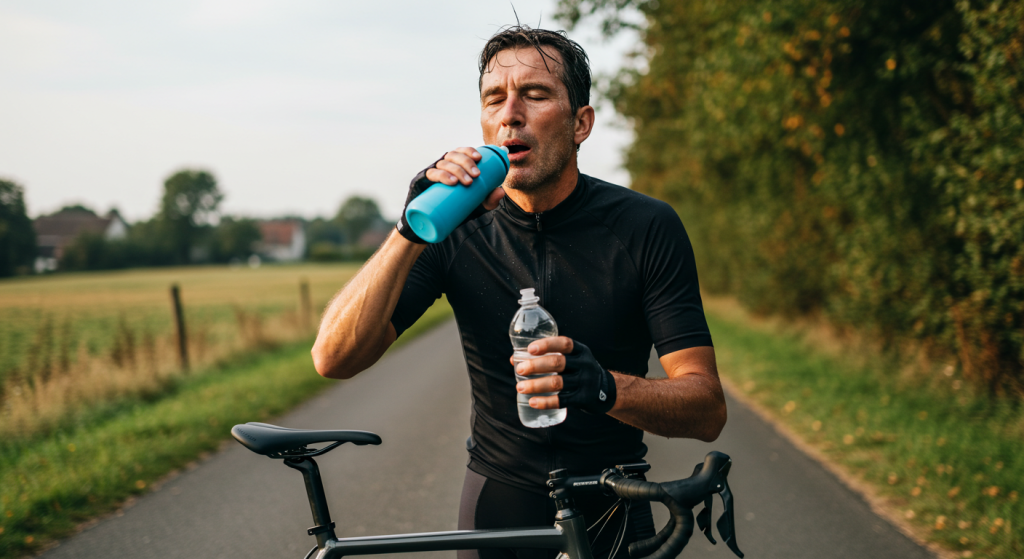 Un cycliste senior boit dans sa gourde à côté de son vélo après une saéance de cyclisme