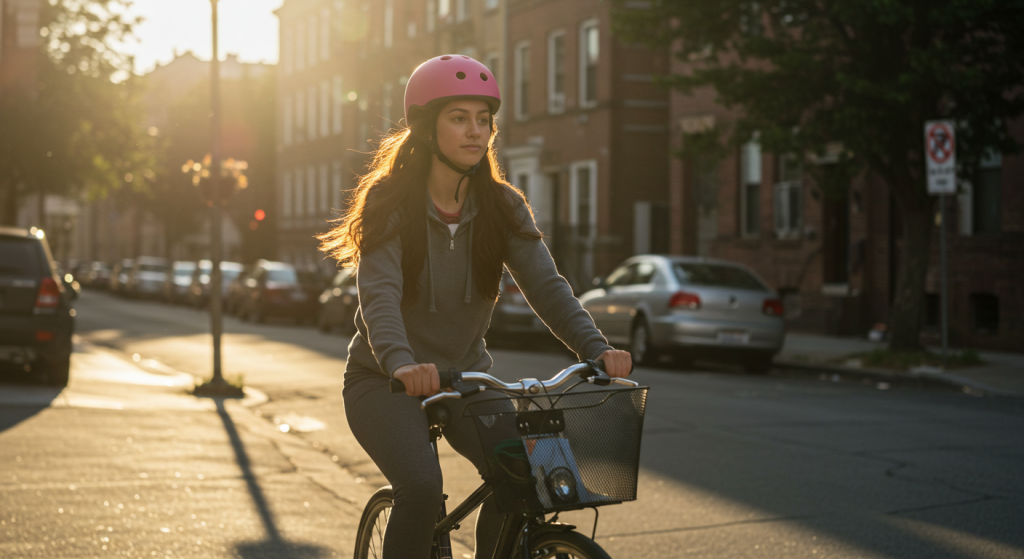 Une jeune femme avec un casque rose va au travail en vélo
