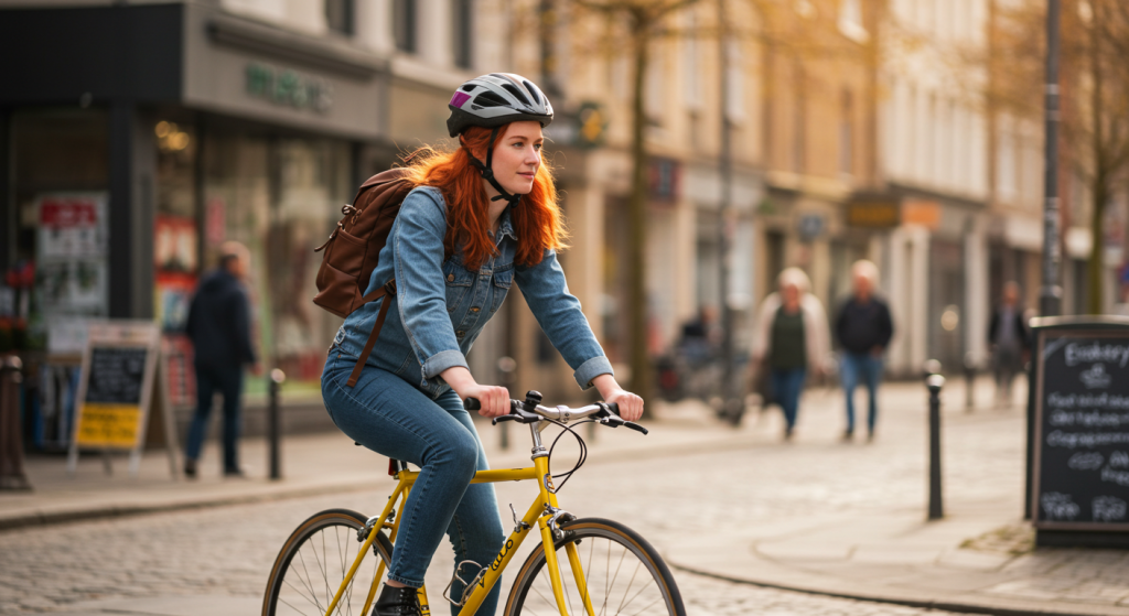 Une jeune femme rousse va au travail en vélo