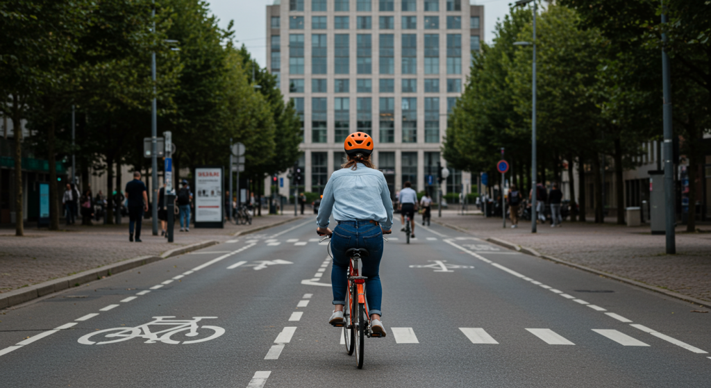 Une jeune femme avec un casque orange ur une piste cyclable va au travail en vélo