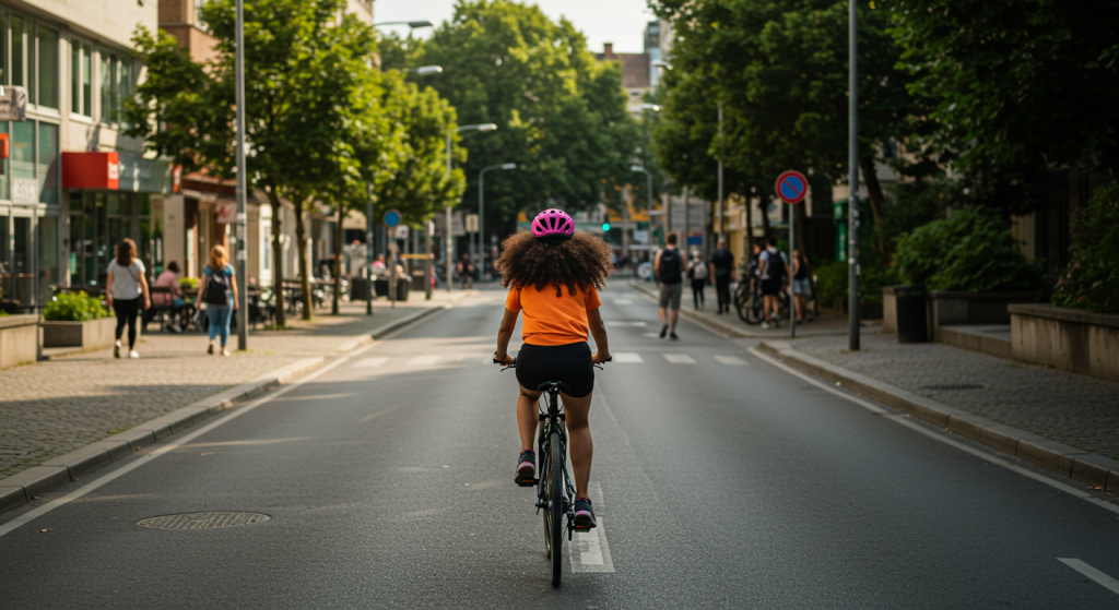 Une jeune femme aux cheveux bouclés vue de dos va au travail en vélo