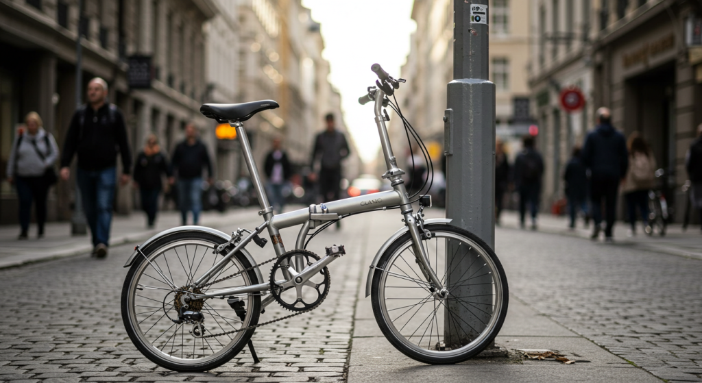 Vélo pliant gris exposé dans une rue passante en ville