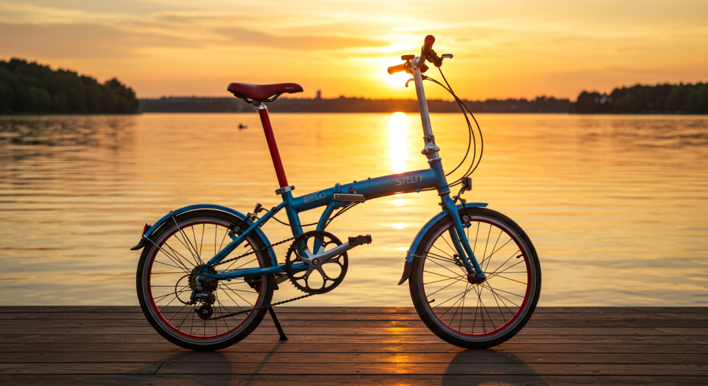Vélo pliant exposédevant un lac au coucher de soleil