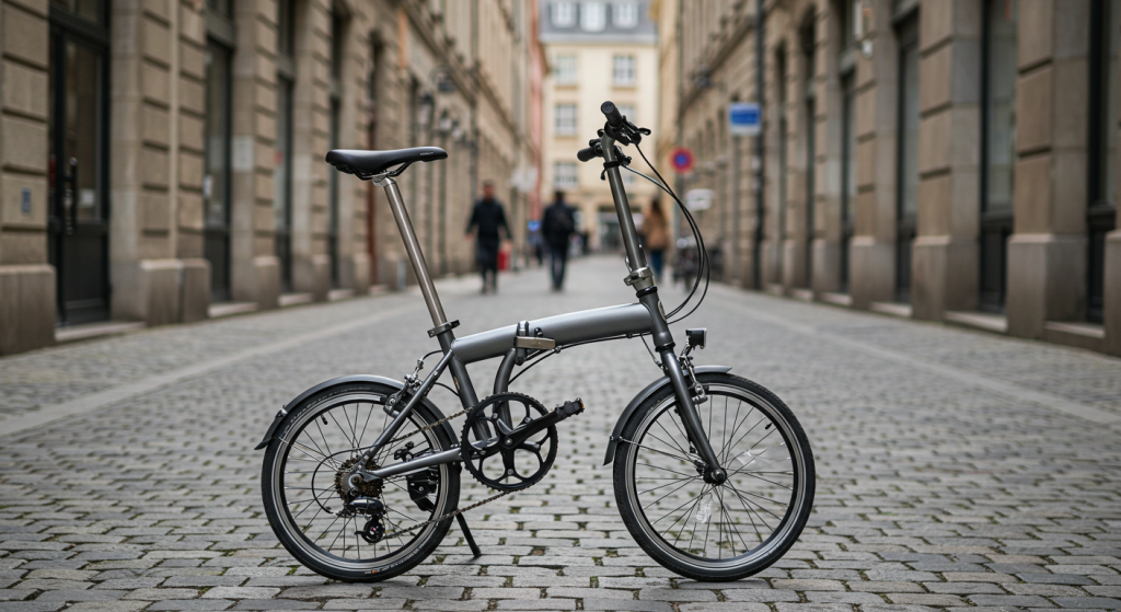 Vélo pliant gris exposé dans une rue pavée en ville